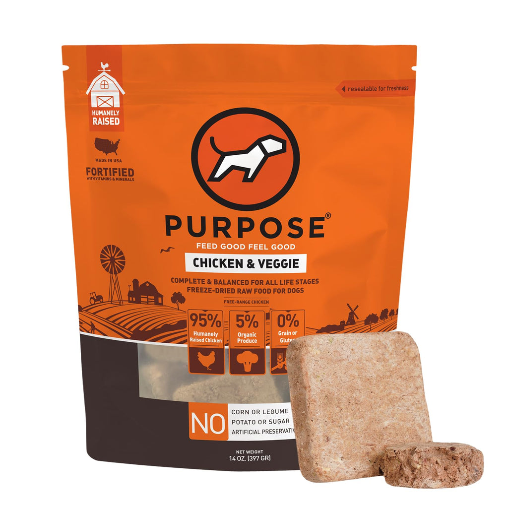 PURPOSE Freeze Dried Raw Dog Food Grain Free Dry Dog Food Complete Balanced Meal or Topper Protein Rich Dog Food for All Breeds and Life Stages Chicken & Veggie Recipe Entrée 14 oz USA Made