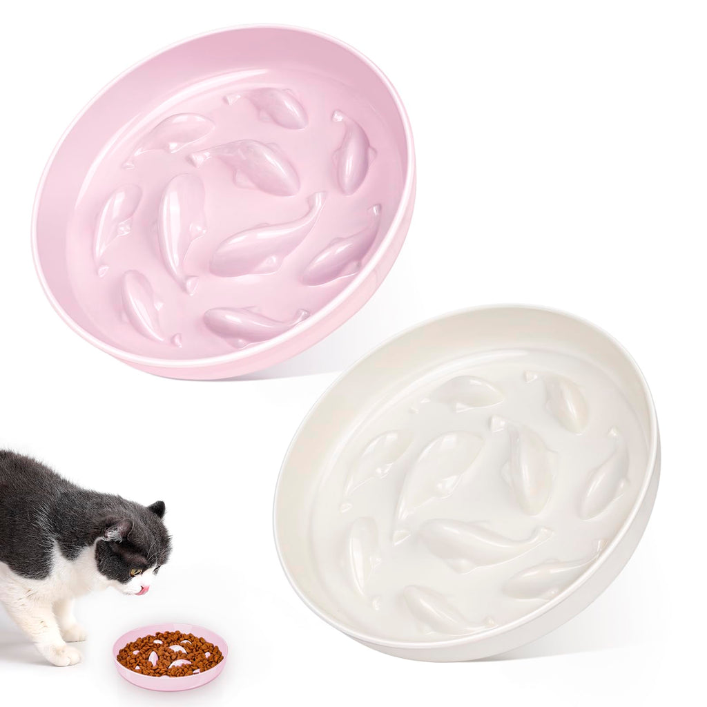 2PCS Slow Feeder Cat Bowl Cat Food Bowl with Fish Pool Design Healthy Eating Diet Pet Bowl Interactive Puzzle Feeder Dish for Cats Small Dogs Non-Slip Anti Gulping Cat Bowl for Dry and Wet Food