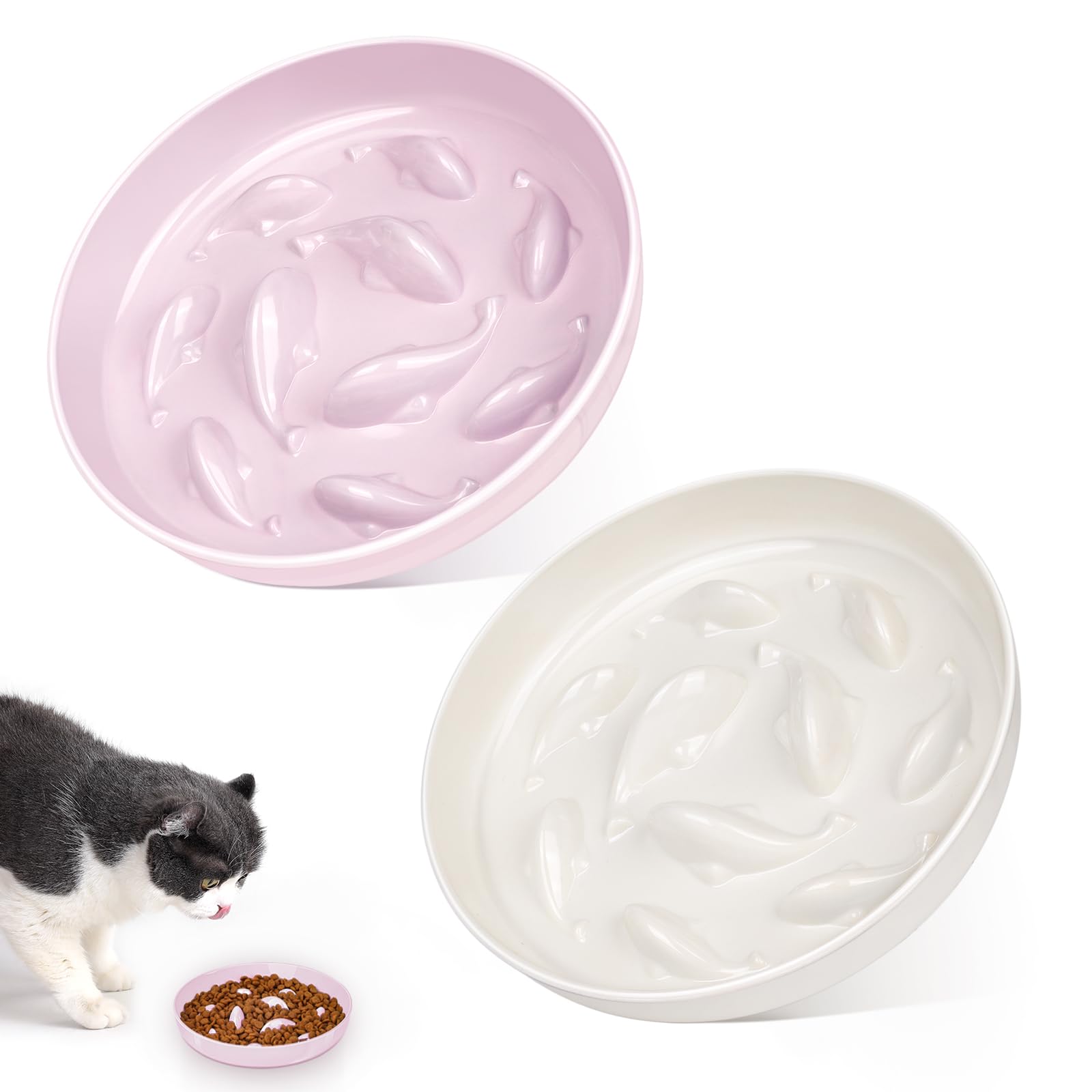 2PCS Slow Feeder Cat Bowl Cat Food Bowl with Fish Pool Design Healthy Eating Diet Pet Bowl Interactive Puzzle Feeder Dish for Cats Small Dogs Non-Slip Anti Gulping Cat Bowl for Dry and Wet Food